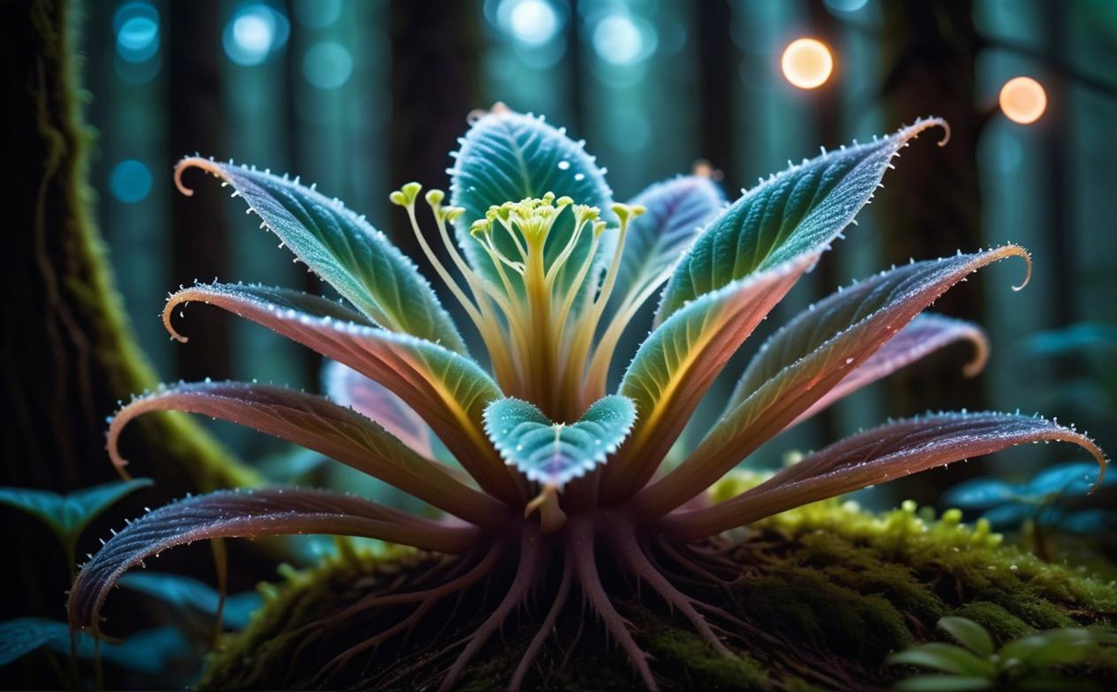 (macro photo), a flesh eating plant with a ethereal complex colors, a mesmerizing bioluminescent forest, high quality phot...